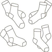 Set of hand drawn illustrations of warm socks. Knitted wool clothes. Outlines of clothing items. vector