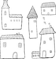 Set of houses, imitation ink, hand drawn. Cute houses with tiled roofs. Linear illustration, doodles, black and white pictures vector