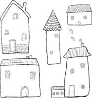 Sketches of houses and towers, imitation ink, drawn by hand. Cute houses with tiled roofs. Linear illustration vector