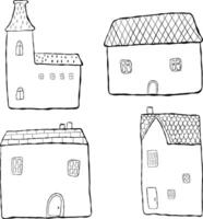 Four houses with flat roofs. Children's illustration, hand-drawn, imitation ink. vector