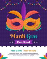 Mardi Gras simple poster template with colorful mask and feather vector