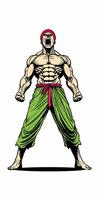 A muscular warrior with a red headband and green pants screaming in a battle stance. His clenched fists and defined muscles emphasize strength vector
