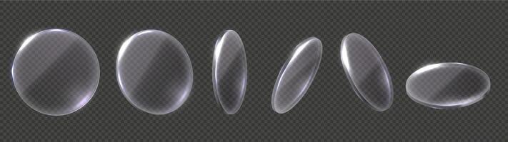 Transparent glass discs. Realistic 3D glossy optical elements, search, magnifying, clear glass circle with light refraction and transparency effect isolated set. vector