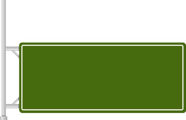 Empty green road sign featuring a white frame, hanging from a sturdy metal pole against a clean white background, offering ample space for personalized messages and directional guidance