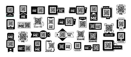 Scan me sticker frames. QR code labels, banners and badges templates for marketing and promotional materials. Scannable code tags isolated set vector