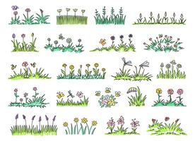 Hand drawn spring grass tufts. Colorful garden doodles of grass patches with blooming field flowers and flying insects. Meadow greenery isolated set vector