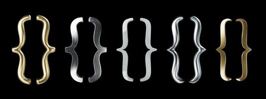 Metallic brackets. Golden curly braces, shiny silver and chrome metal bracket pairs for quotation frame banners and quote box designs. Realistic 3D decorative typography elements isolated set vector