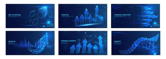Wireframe 3d arrows charts. Business growth and financial success, futuristic technology analysis, investment profit or finance data. Stock market increase, uptrend indicators set vector