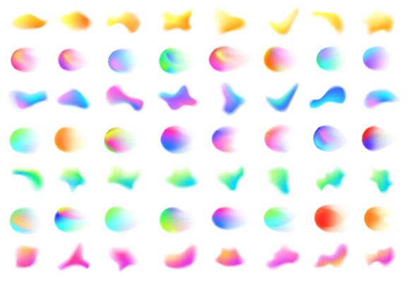 Colorful blurred gradient shapes. Abstract smooth fluid form, dynamic gradient mesh blob with blur effect and liquid color blend. Creative colors isolated set