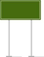 Blank green road sign mounted on two metal poles, ready for custom text or graphics. Ideal for traffic, direction, or location signage mockups. Simple and versatile design vector