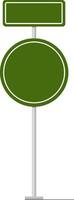 Two green road signs, one rectangular and one circular, are mounted on a metal pole, providing space for custom messages related to directions, locations, or warnings vector