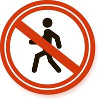 Red and white no pedestrian access sign, featuring a stick figure crossed out, conveying a clear message of restricted walking in a specific area, emphasizing safety and traffic regulations vector