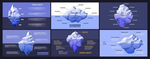Iceberg diagram infographic. Business presentation for visible and hidden factors with cartoon icebergs and text callouts. Strategy visualization template set vector
