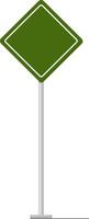 Empty green diamond road sign with white frame standing on a metal pole on white background, providing space for custom messaging and directions vector