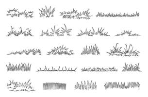 Linear grass doodle. Hand drawn lawn tufts, sketch greenery lines and natural fresh meadow decorative borders. Garden grass patches isolated set vector