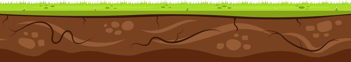 Cartoon ground layers are showing grass and soil with stones and roots, creating a detailed cross section view of the earth suitable for educational or nature themed projects vector