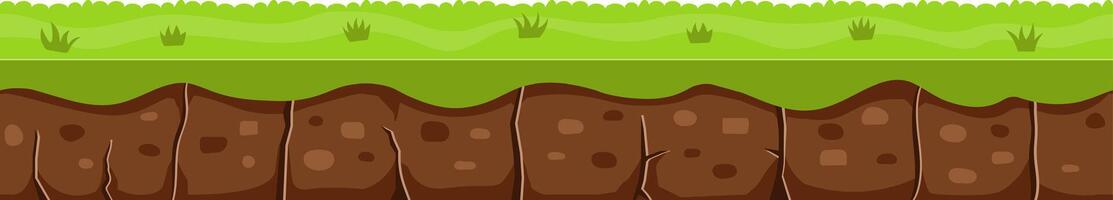 Seamless ground soil layer with green grass and stones shows layers of earth and dirt, useful asset for creating platformer or runner mobile game user interface element vector
