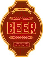 Vintage red and gold label showcasing handcrafted beer, featuring intricate ears of wheat and a striking sunburst design, perfect for enhancing branding and packaging vector