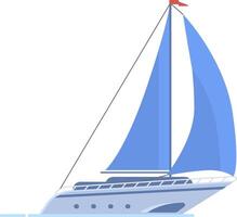 Sleek, modern sailboat gliding across the water, blue sails billowing in the wind, with a vibrant red flag atop the mast enhancing the serene scene vector