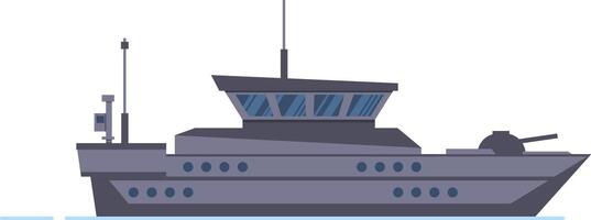 Powerful warship navigating on calm waters, featuring advanced radar technology and a mounted cannon, representing naval defense and maritime security vector