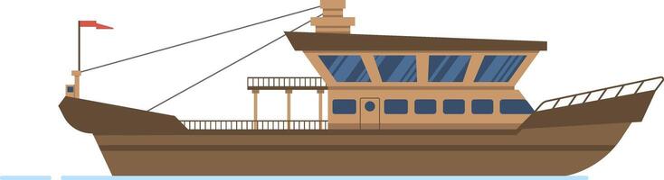 Illustration of a modern yacht featuring a sleek design, large windows, and a spacious deck. The vessel is depicted with a brown hull and a red flag, floating on calm blue water vector