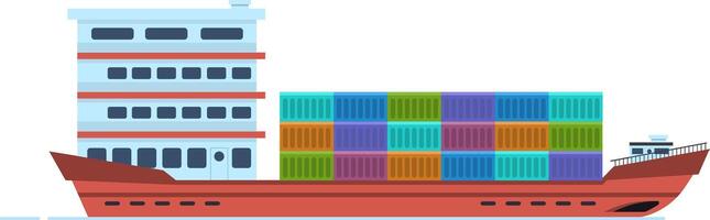 Large cargo ship carrying many colorful containers sailing on the sea, transporting goods across the ocean in a flat illustration style vector