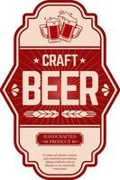 Two overflowing beer mugs toasting on a craft beer label, red and beige, with ears of wheat, stars and the words craft beer and handcrafted product vector