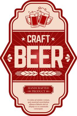 Two overflowing beer mugs toasting on a craft beer label, red and beige, with ears of wheat, stars and the words craft beer and handcrafted product