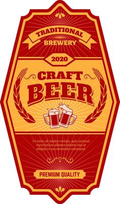 Red and gold vintage label celebrating craft beer from a traditional brewery, featuring two overflowing mugs, wheat, and a premium quality banner