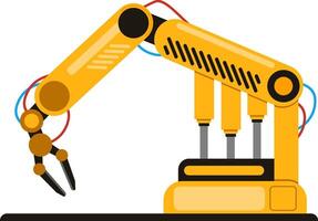 Yellow robotic arm with gripper working in a manufacturing industry, concept of machinery technology, factory machine hands, automation, and production process vector