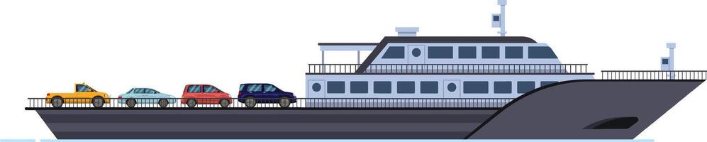 Ferry boat transporting cars across a scenic waterway, providing a convenient travel option for both vehicles and passengers while navigating the open sea or river vector