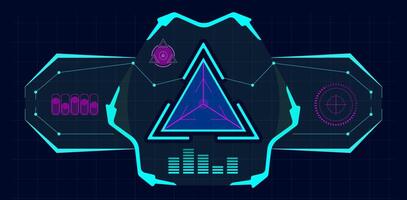 Futuristic virtual screen featuring a central glowing triangle with various digital elements and indicators against a dark grid backdrop, embodying advanced technology and data analysis vector
