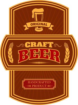 Brown and gold vintage label showcasing original craft beer, highlighting a full beer glass alongside wheat stalks and featuring the words handcrafted product in elegant typography