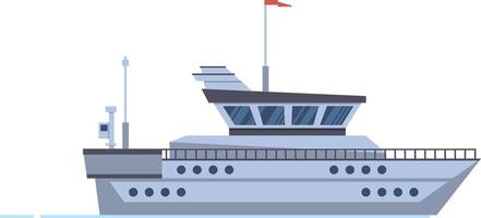 Luxurious yacht sailing on calm water, featuring a modern design, a raised deck, large windows, and a prominent red flag waving in the wind, symbolizing freedom and adventure vector