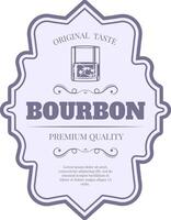 Light purple bourbon label highlighting original taste and premium quality, surrounded by a glass and decorative swirls, featuring elegant lorem ipsum text for a vintage feel vector