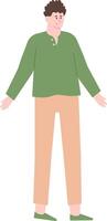 Full length illustration of a friendly young man standing with open arms, wearing a green long sleeved shirt and beige pants, conveying a welcoming and approachable attitude vector