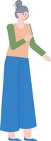 Elderly woman wearing casual clothes is gesturing with her hand as if explaining something to someone next to her, in a full length view against a white background vector
