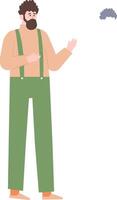 Full length illustration of a bearded man in suspenders gesturing with his hand, isolated on a white background for presentation and communication concepts vector