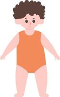 Full length illustration of a cute toddler with curly hair wearing an orange bodysuit, standing with open arms, isolated on a white background, perfect for childcare or parenting projects vector