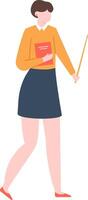 Young female teacher walking with a book in one hand and a pointer in the other, teaching and education concept, simple flat illustration isolated on white background vector