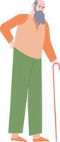 Full length illustration of an elderly man with a walking stick, experiencing back pain, highlighting challenges faced by aging individuals vector