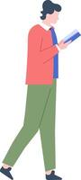 Young man is walking while engrossed in reading a book, potentially a student or a book lover, showcasing the concept of mobile learning, enjoying literature, and self improvement vector