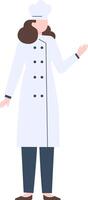 Professional woman chef wearing a crisp uniform and traditional toque, confidently gesturing with her hand while presenting culinary expertise in a full length portrait against a white background vector