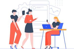 Businesswomen colleagues working together using laptop and smartphone, discussing marketing strategy and analyzing financial charts in a modern coworking space vector
