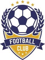 Stylish emblem for a football club featuring a ball, laurel wreath, five stars, and a ribbon banner with FOOTBALL CLUB in white on a blue background, perfect for sports branding vector