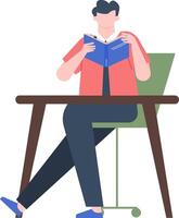 Concentrated male student or worker is sitting at the table and reading a book, preparing for the exam or improving his knowledge, studying or working concept, illustration vector
