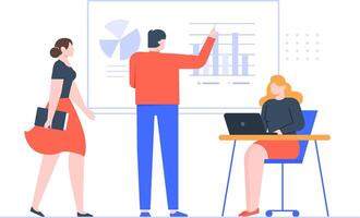 Business team working together analyzing graphs and charts during a meeting, explaining strategy and projects using a laptop, brainstorming and sharing ideas in the office vector