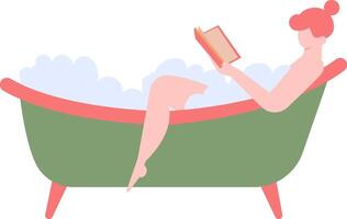 Woman enjoying a soothing bath filled with foam, immersed in a captivating book, embodying the essence of self care, relaxation, and leisure in the comfort of home vector