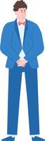 Full length illustration of a confident businessman standing with hands clasped, wearing a blue suit and bow tie, projecting an air of professionalism and composure vector