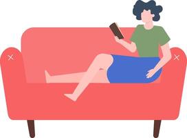 Young woman is lying comfortably on a red sofa while enjoying reading a book, depicting relaxation, leisure, and the pleasure of literature vector